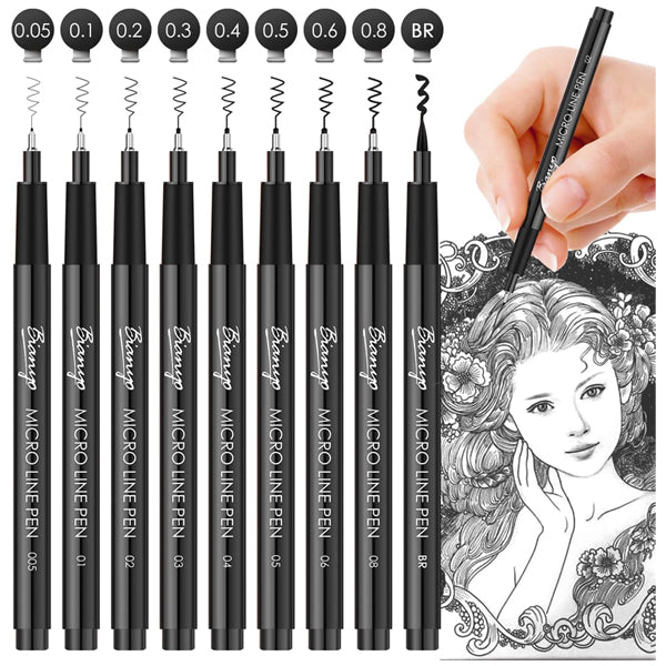 Nine Bianyo Black Pigment Water-Resistant Archival Ink Micro Liners in assorted tip sizes are shown with a zipper case. A hand uses one to create detailed line art of a womans face and hair.
